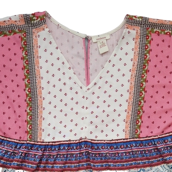 Sundance Poetic Mood Multicolor Boho V-Neck Long Puff Sleeve Top Rayon Crepe - Picture 5 of 10